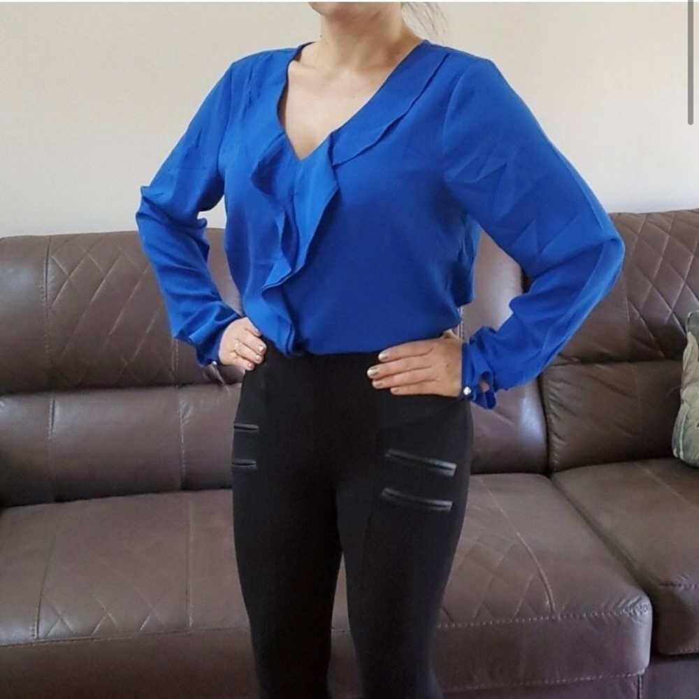 Ann Taylor Long Sleeves Blue V-Neck with Ruffles